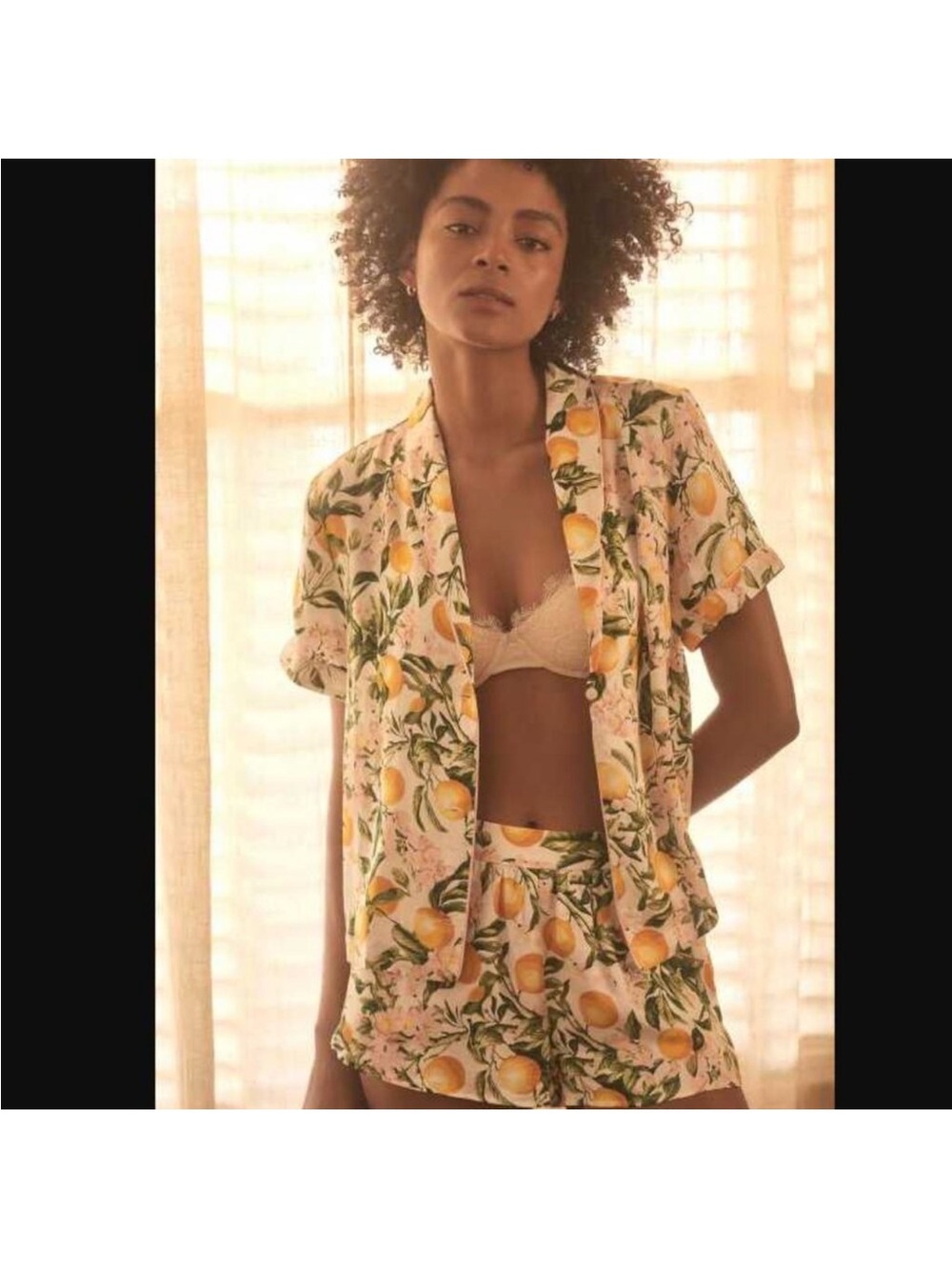 Anthropologie Peach & Lemon Short Pajama Set - Cream, Yellow, Green